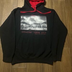 Men's Black Hoodie with Red Lined Hood & Graphic